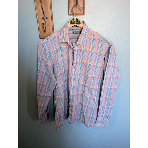 Vintage Pierre Cardin Lavender Shirt: 80s Plaid Long Sleeve Shirt Size L - Picture 1 of 10